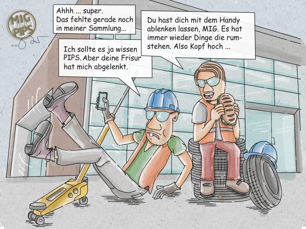Ablenkung, Arbeitssicherheit auf der Baustelle als Cartoon von Mig und Pips