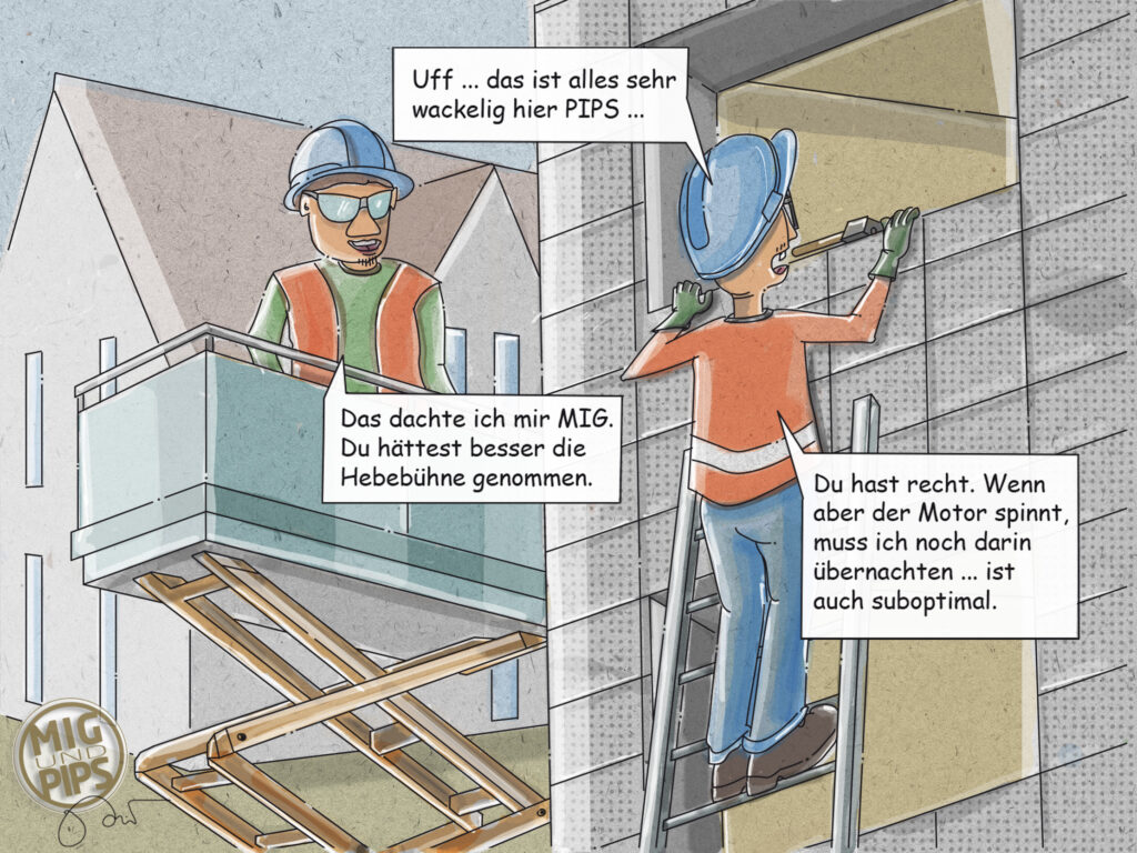 Mig Und Pips auf Leiter und Hebebühne, Arbeitssicherheit auf der Baustelle, Cartoon