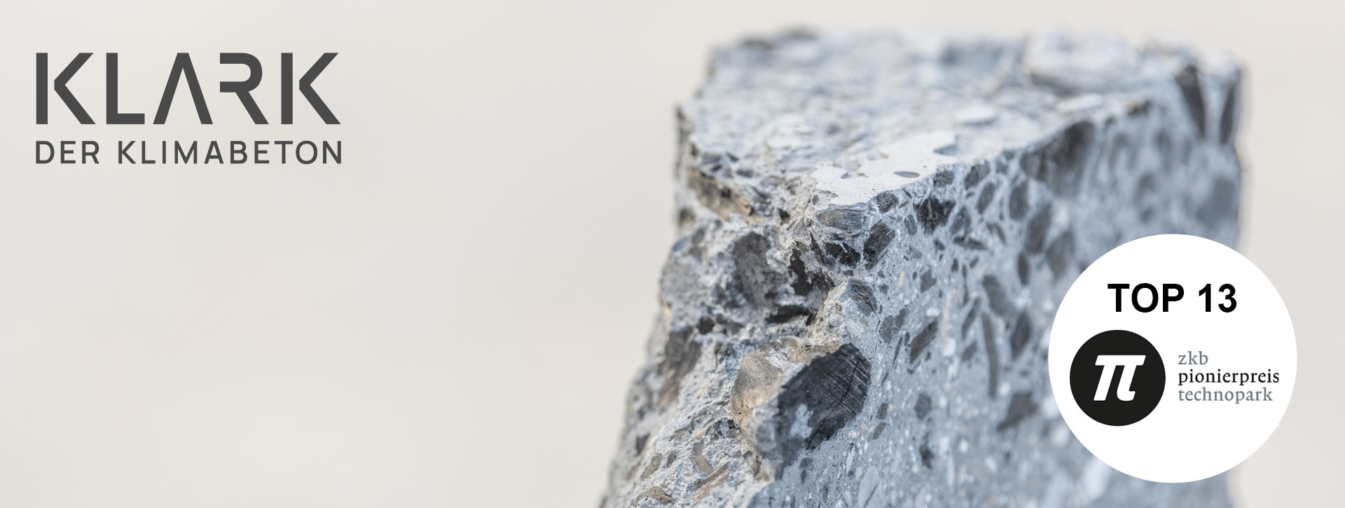 Klimabeton von KLARK: Detailaufnahme eines Betonblocks mit Pflanzenkohle – KLARK AG unter den Top 13 des ZKB Pionierpreis Technopark 2026.